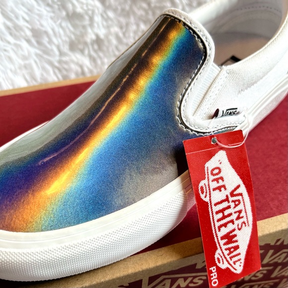 NWT Vans Slip-On Pro Rainbow Iridescent Silver Skate Shoes - Picture 3 of 6